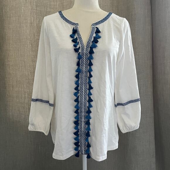 Boden Split Neck Tassel Front Embroidered Tunic Boho Top White Blue Medium - Picture 3 of 7
